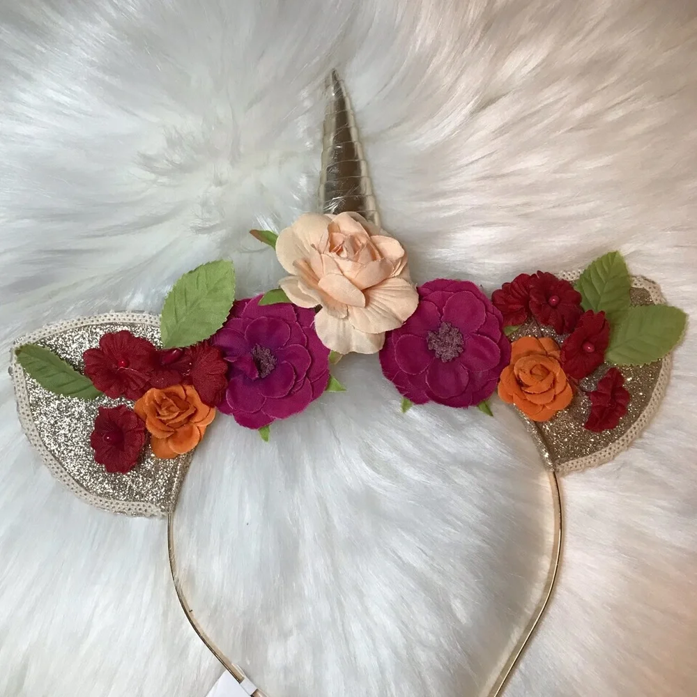 Unicorn Multi Red Green Gold Tone Floral Ears Horn headband hairband diadema OS